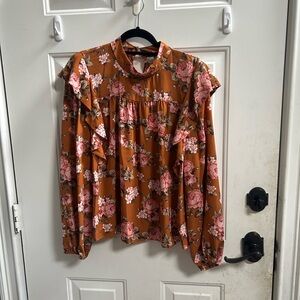 New WAXF HOBO women’s Floral Ruffle Blouse - Brown and Pink Sz XL